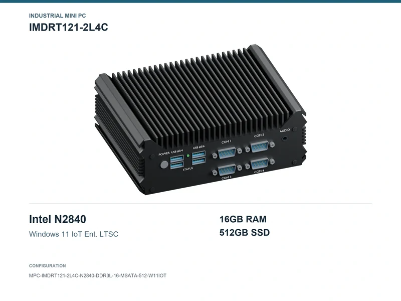IMDRT121-2L4C Fanless Mini PC - Celeron N2840, 16GB, 512GB mSATA, Windows 11 IoT LTSC