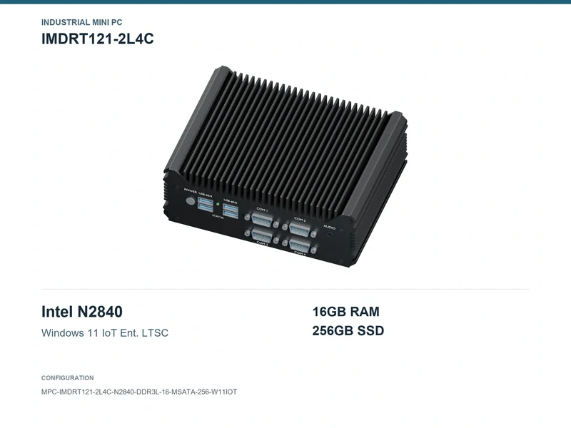 IMDRT121-2L4C Fanless Mini PC - Celeron N2840, 16GB, 256GB mSATA, Windows 11 IoT LTSC