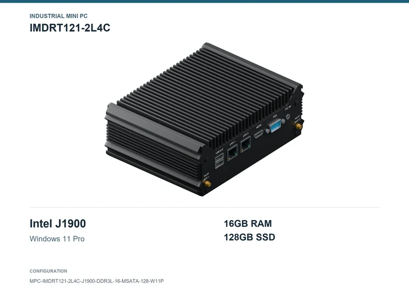 IMDRT121-2L4C Fanless Mini PC - Celeron J1900, 16GB, 128GB mSATA, Windows 11 Pro