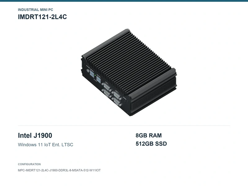 IMDRT121-2L4C Fanless Mini PC - Celeron J1900, 8GB, 512GB mSATA, Windows 11 IoT LTSC