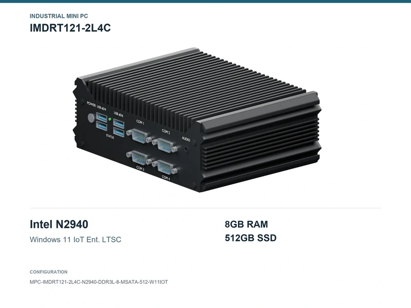 IMDRT121-2L4C Fanless Mini PC - Celeron N2940, 8GB, 512GB mSATA, Windows 11 IoT LTSC
