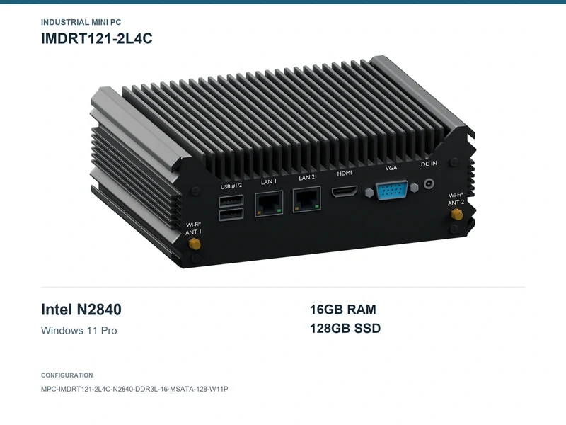 IMDRT121-2L4C Fanless Mini PC - Celeron N2840, 16GB, 128GB mSATA, Windows 11 Pro