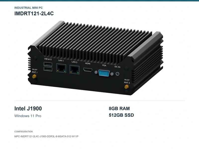 IMDRT121-2L4C Fanless Mini PC - Celeron J1900, 8GB, 512GB mSATA, Windows 11 Pro