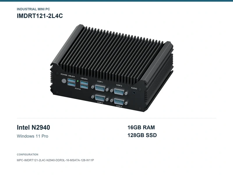 IMDRT121-2L4C Fanless Mini PC - Celeron N2940, 16GB, 128GB mSATA, Windows 11 Pro