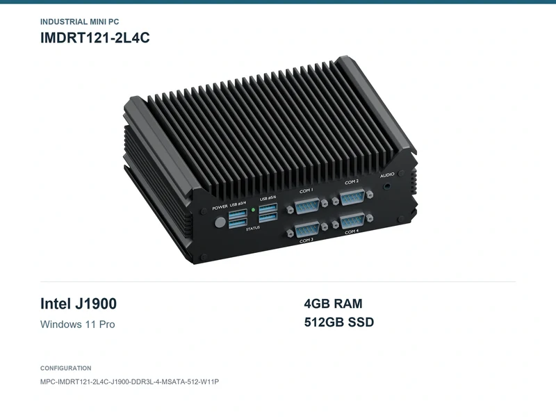 IMDRT121-2L4C Fanless Mini PC - Celeron J1900, 4GB, 512GB mSATA, Windows 11 Pro