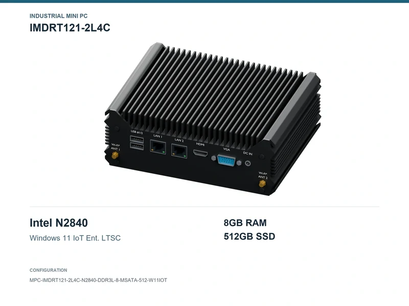 IMDRT121-2L4C Fanless Mini PC - Celeron N2840, 8GB, 512GB mSATA, Windows 11 IoT LTSC