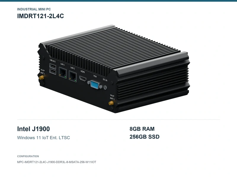 IMDRT121-2L4C Fanless Mini PC - Celeron J1900, 8GB, 256GB mSATA, Windows 11 IoT LTSC