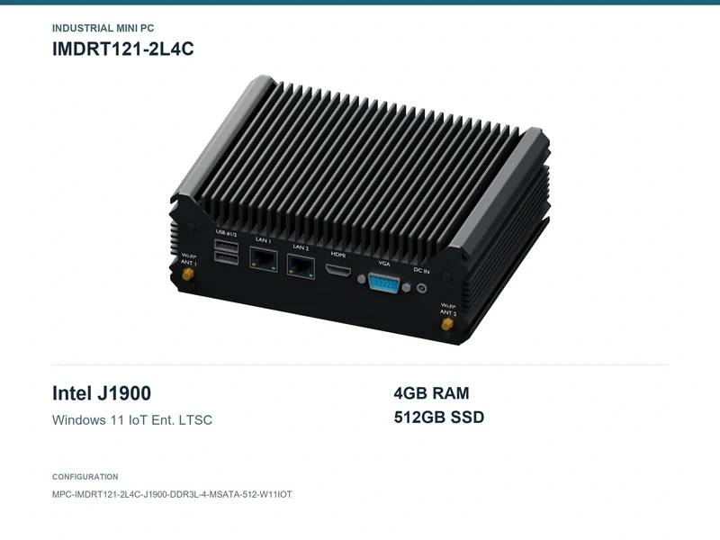 IMDRT121-2L4C Fanless Mini PC - Celeron J1900, 4GB, 512GB mSATA, Windows 11 IoT LTSC