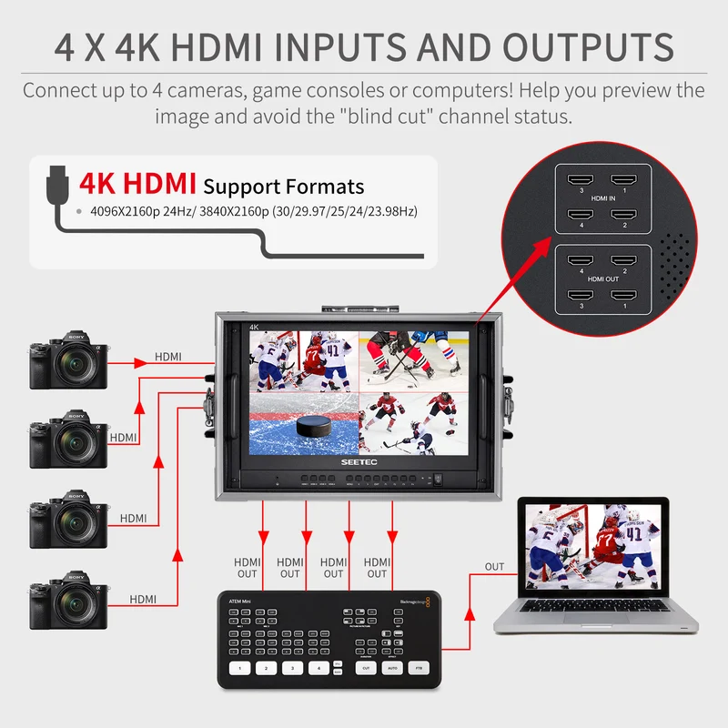 SEETEC ATEM156-CO 15.6 Zoll Live-Streaming Broadcast Director Monitor-Handgepäck mit 4 HDMI-Eingangsausgängen