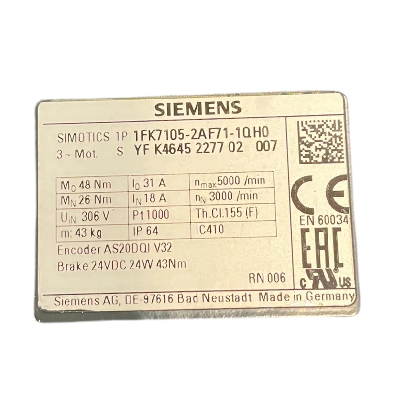 Siemens Servomotor SIMOTICS Antrieb 48Nm 3000rpm 1FK7105-2AF71-1QH0 Servomotor
