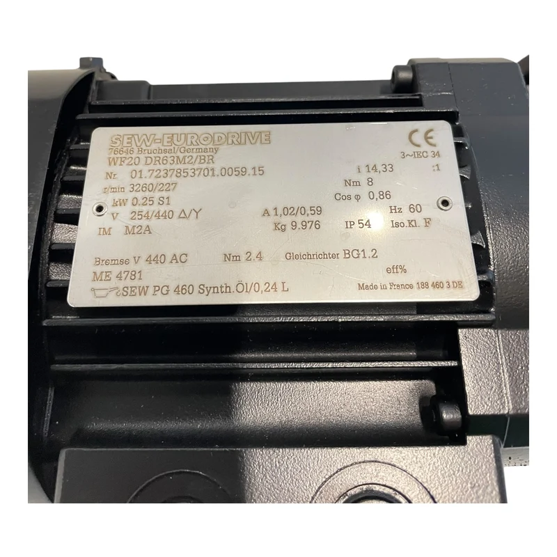 SEW WF20DR63M2/BR Getriebemotor 0.25 kW 254 / 440 V 1,02 / 0,59 A 60 Hz