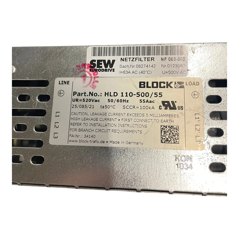 BLOCK HLD110-500/55 Netzfilter 520Vac 50/60Hz 55Aac für Industriellen Einsatz