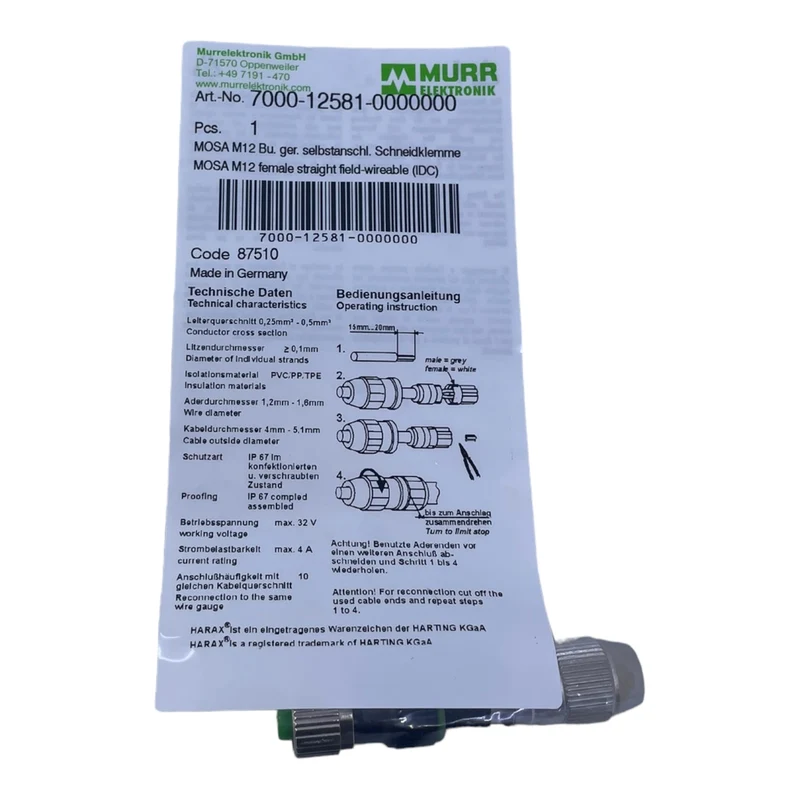 Murr 7000-12581-0000000 M12 Bu. 0° A-kod. Schneidklemmanschluss VE:5stk/pcs