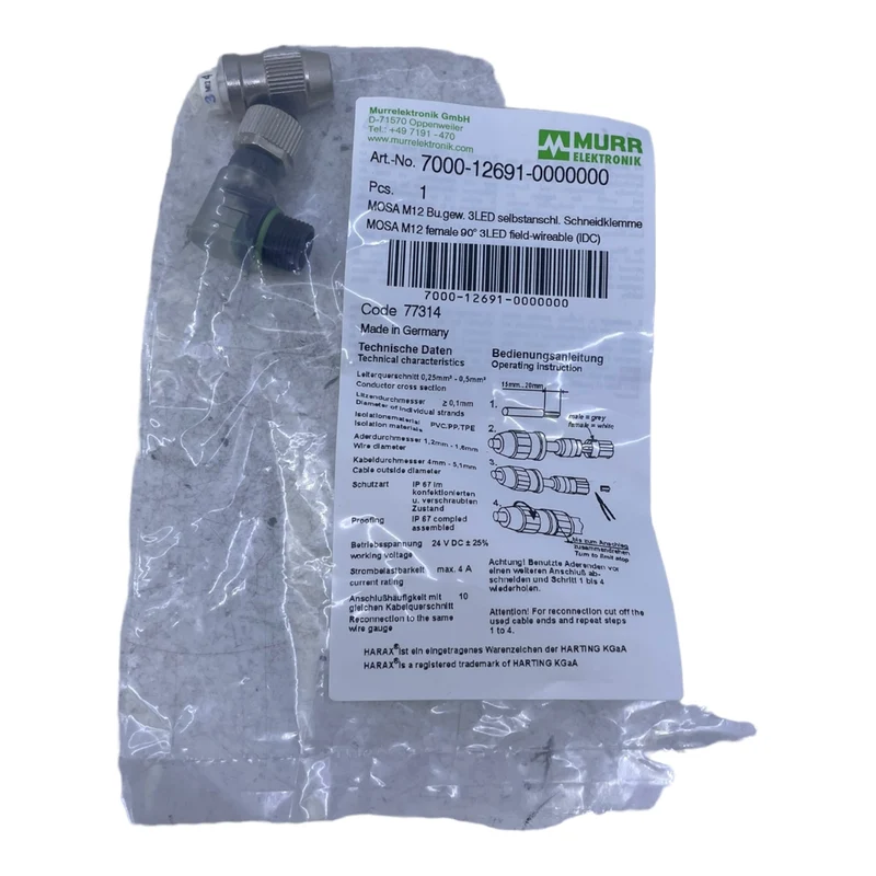 Murr 7000-12691-0000000 M12 Bu. 90° A-kod. Schneidklemmanschluss 3LED VE:5stk/pc