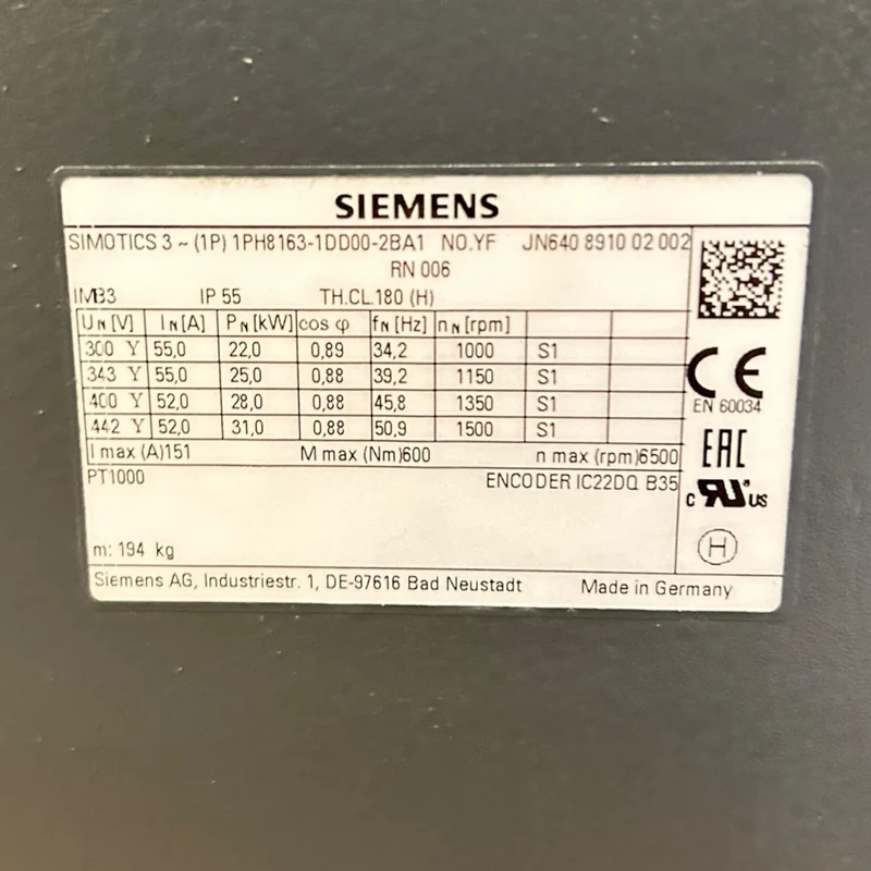 Siemens Servomotor 22kW Simotics 1PH8163-1DD00-2BA1 für industriellen Einsatz
