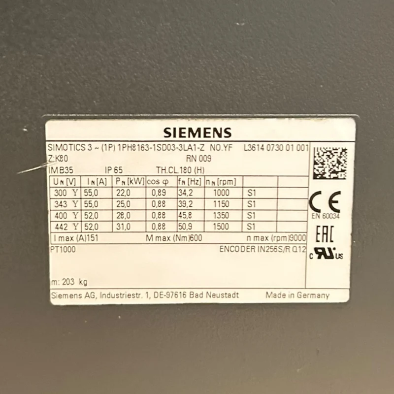 Siemens Servomotor 22kW Simotics 1PH8163-1SD03-3LA1-Z IP65 für Industrie Einsatz