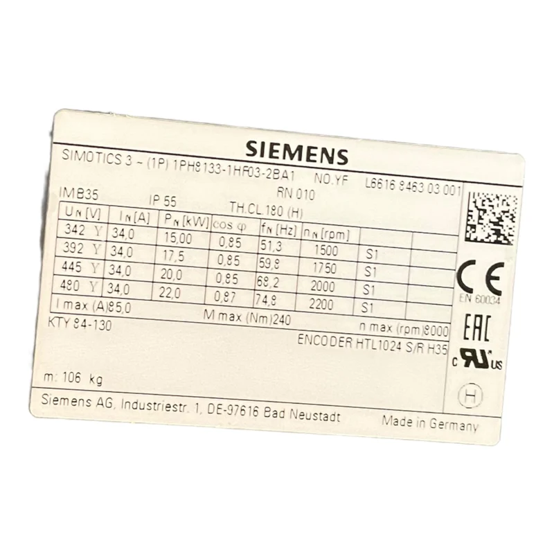 Siemens Servomotor 15 kW Simotics für industriellen Einsatz 1PH8133-1HF03-2BA1S