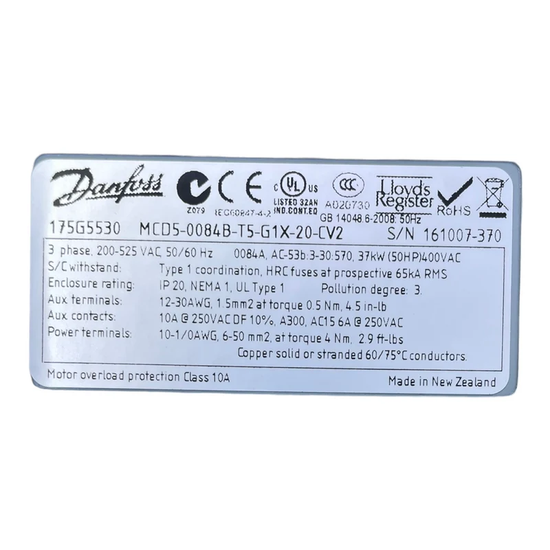 Danfoss 175G5530 Frequenzumrichter MCD5-0084B-T5-G1X-20-CV2 200-525 VAC 50/60 Hz