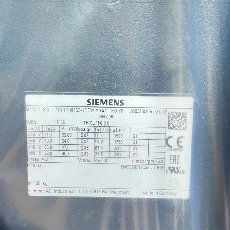 Siemens Servomotor 30kW Simotics 1PH8163-1DF02-2BA1 für industriellen Einsatz