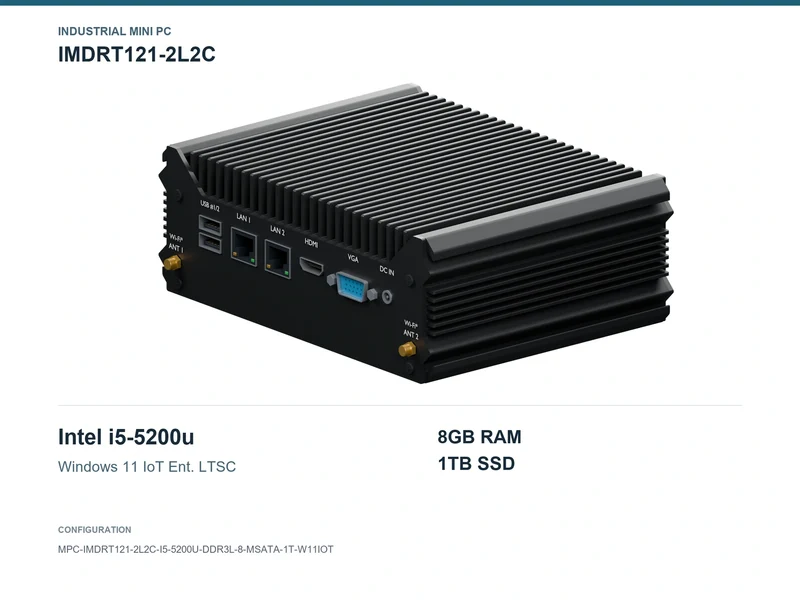 IMDRT121-2L2C Fanless Mini PC - Core i5-5200U, 8GB, 1TB mSATA, Windows 11 IoT LTSC