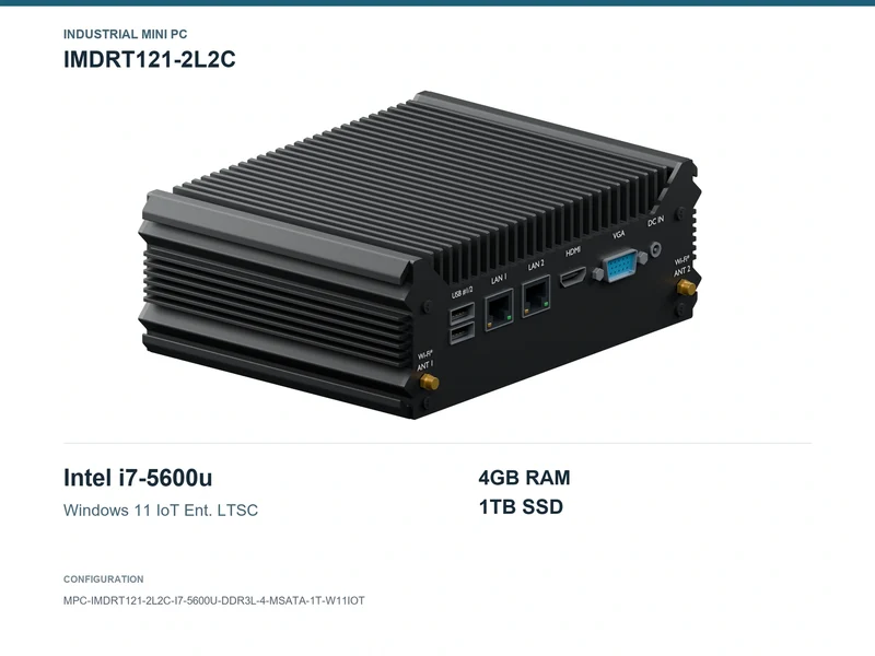 IMDRT121-2L2C Fanless Mini PC - Core i7-5600U, 4GB, 1TB mSATA, Windows 11 IoT LTSC
