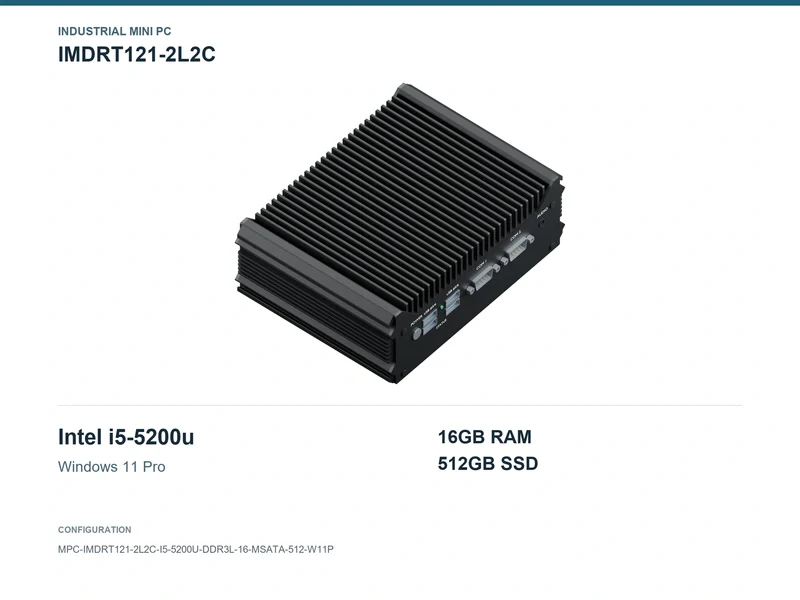 IMDRT121-2L2C Fanless Mini PC - Core i5-5200U, 16GB, 512GB mSATA, Windows 11 Pro