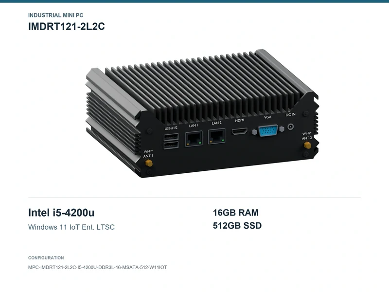 IMDRT121-2L2C Fanless Mini PC - Core i5-4200U, 16GB, 512GB mSATA, Windows 11 IoT LTSC