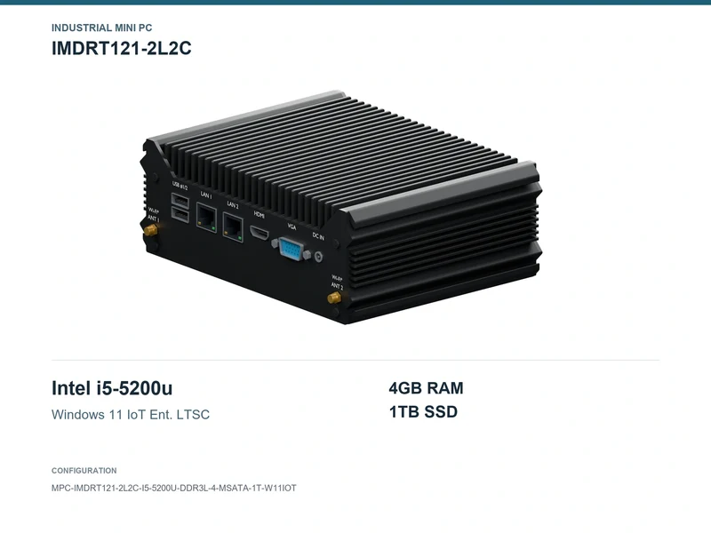 IMDRT121-2L2C Fanless Mini PC - Core i5-5200U, 4GB, 1TB mSATA, Windows 11 IoT LTSC
