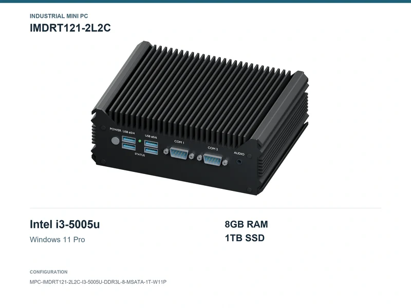 IMDRT121-2L2C Fanless Mini PC - Core i3-5005U, 8GB, 1TB mSATA, Windows 11 Pro