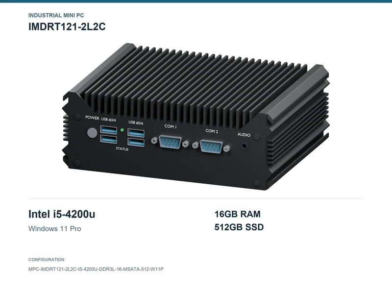 IMDRT121-2L2C Fanless Mini PC - Core i5-4200U, 16GB, 512GB mSATA, Windows 11 Pro