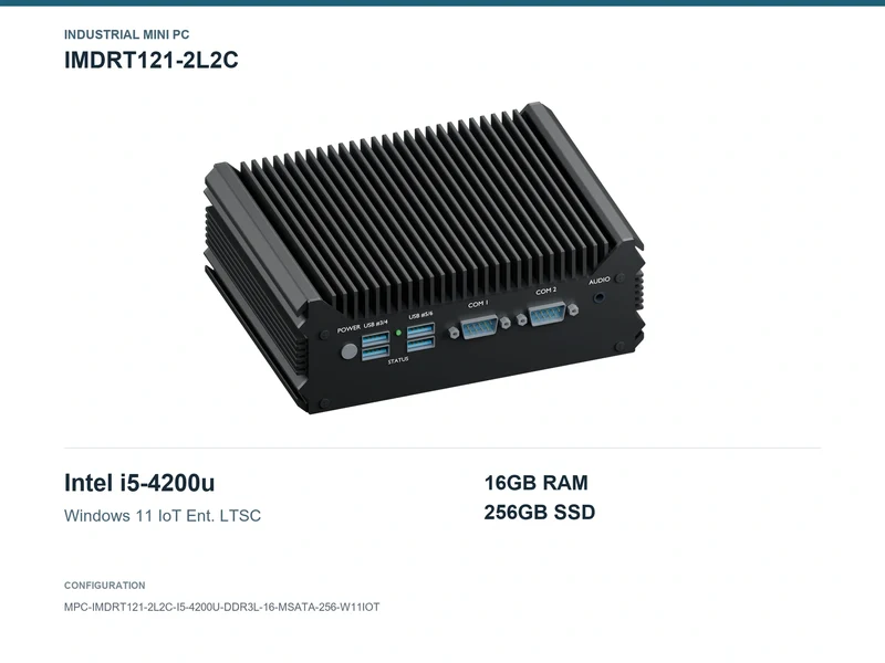 IMDRT121-2L2C Fanless Mini PC - Core i5-4200U, 16GB, 256GB mSATA, Windows 11 IoT LTSC