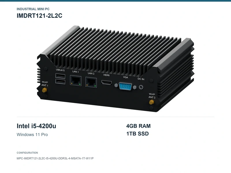 IMDRT121-2L2C Fanless Mini PC - Core i5-4200U, 4GB, 1TB mSATA, Windows 11 Pro