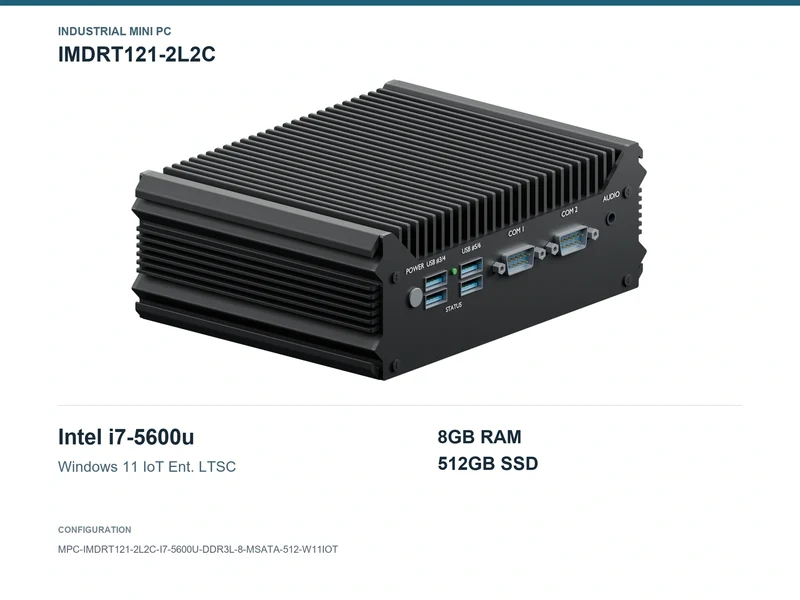 IMDRT121-2L2C Fanless Mini PC - Core i7-5600U, 8GB, 512GB mSATA, Windows 11 IoT LTSC