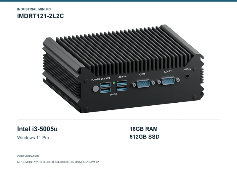 IMDRT121-2L2C Fanless Mini PC - Core i3-5005U, 16GB, 512GB mSATA, Windows 11 Pro
