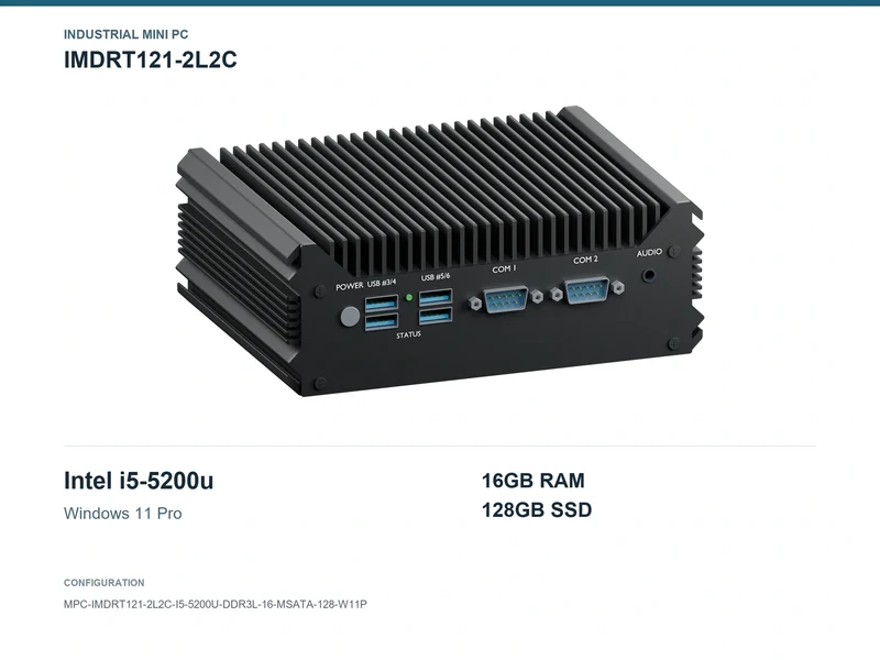 IMDRT121-2L2C Fanless Mini PC - Core i5-5200U, 16GB, 128GB mSATA, Windows 11 Pro