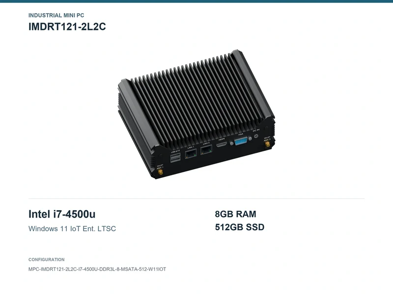 IMDRT121-2L2C Fanless Mini PC - Core i7-4500U, 8GB, 512GB mSATA, Windows 11 IoT LTSC