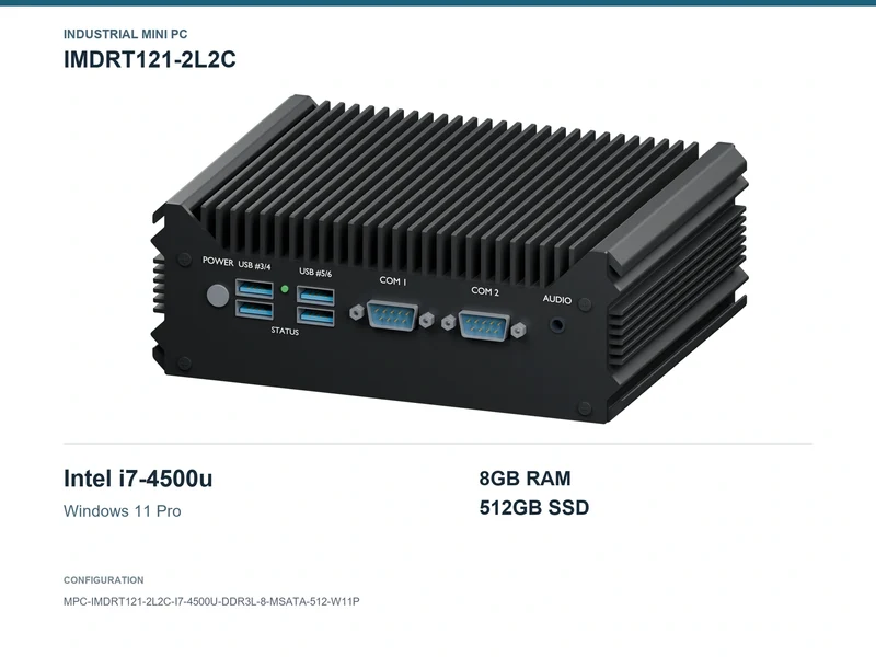 IMDRT121-2L2C Fanless Mini PC - Core i7-4500U, 8GB, 512GB mSATA, Windows 11 Pro