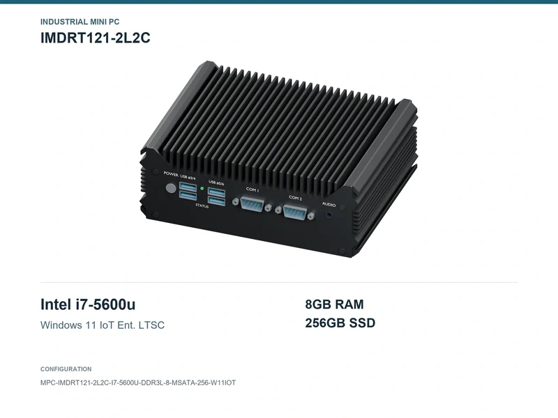 IMDRT121-2L2C Fanless Mini PC - Core i7-5600U, 8GB, 256GB mSATA, Windows 11 IoT LTSC