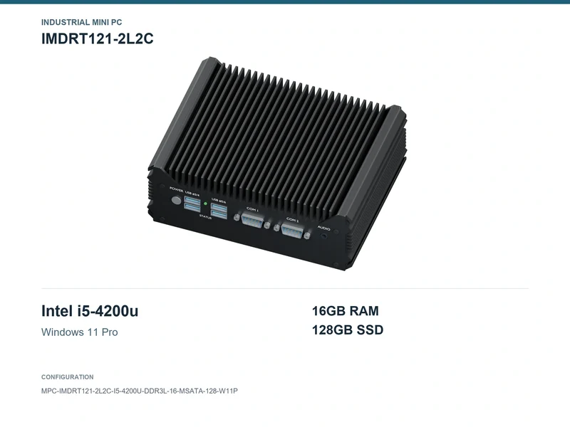 IMDRT121-2L2C Fanless Mini PC - Core i5-4200U, 16GB, 128GB mSATA, Windows 11 Pro