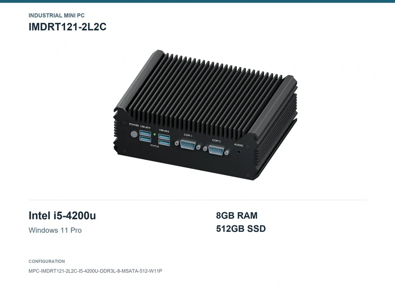 IMDRT121-2L2C Fanless Mini PC - Core i5-4200U, 8GB, 512GB mSATA, Windows 11 Pro