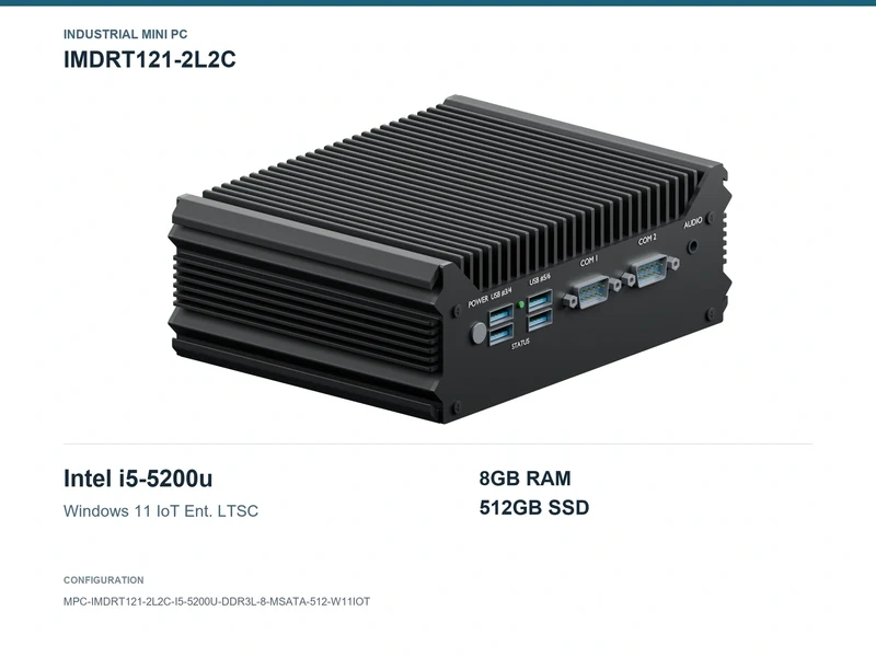 IMDRT121-2L2C Fanless Mini PC - Core i5-5200U, 8GB, 512GB mSATA, Windows 11 IoT LTSC