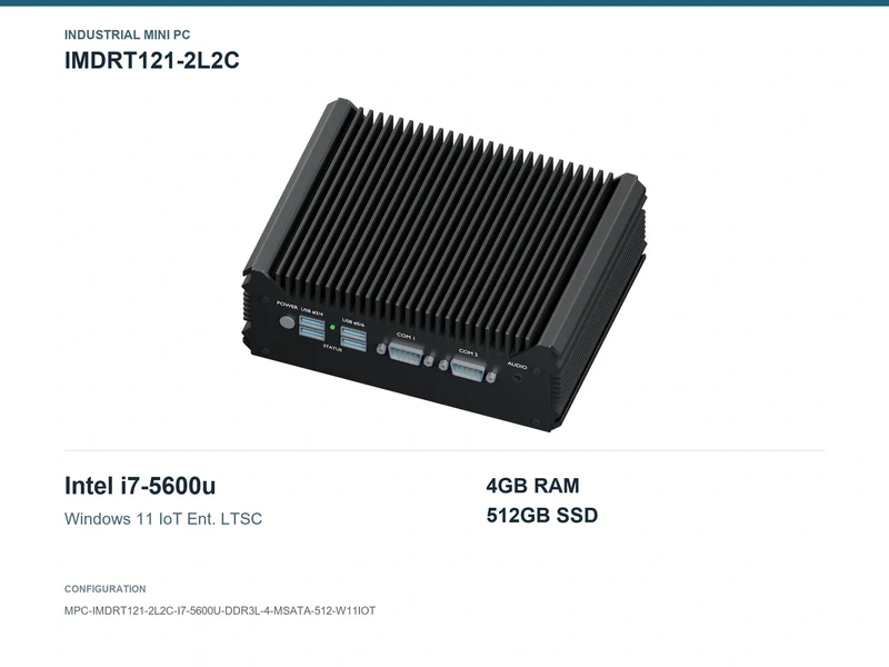 IMDRT121-2L2C Fanless Mini PC - Core i7-5600U, 4GB, 512GB mSATA, Windows 11 IoT LTSC