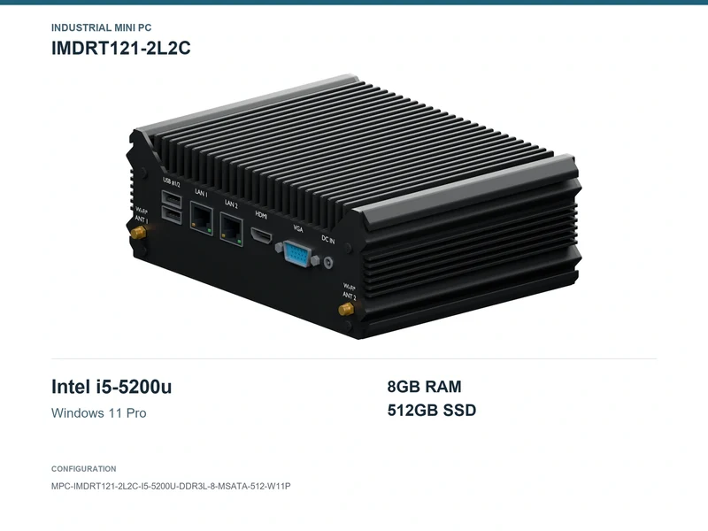 IMDRT121-2L2C Fanless Mini PC - Core i5-5200U, 8GB, 512GB mSATA, Windows 11 Pro