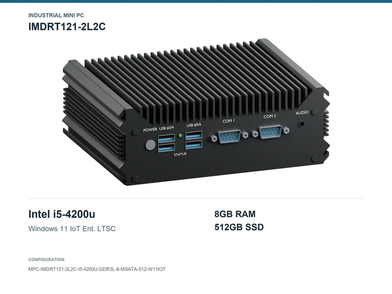 IMDRT121-2L2C Fanless Mini PC - Core i5-4200U, 8GB, 512GB mSATA, Windows 11 IoT LTSC