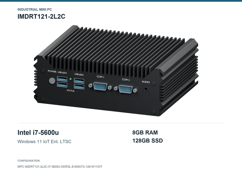 IMDRT121-2L2C Fanless Mini PC - Core i7-5600U, 8GB, 128GB mSATA, Windows 11 IoT LTSC