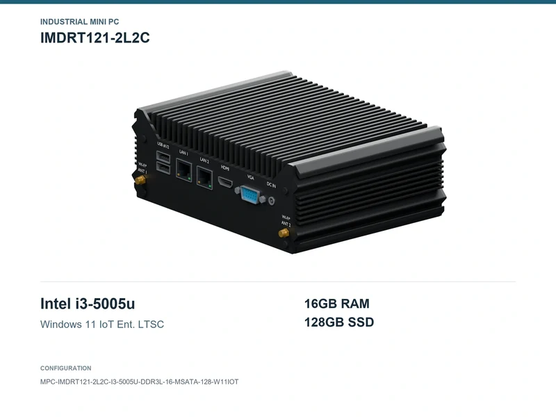 IMDRT121-2L2C Fanless Mini PC - Core i3-5005U, 16GB, 128GB mSATA, Windows 11 IoT LTSC