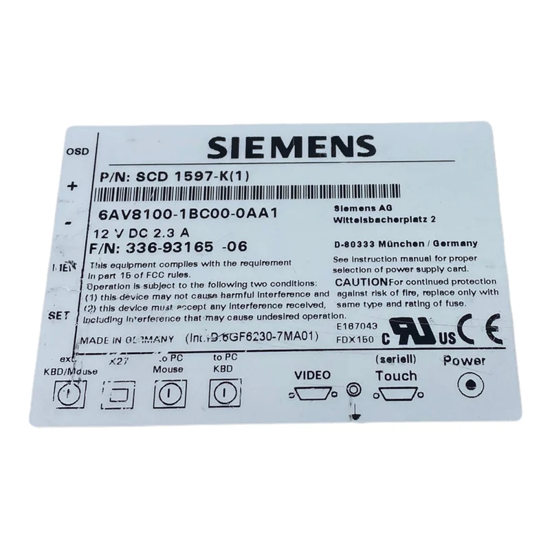 Siemens 6AV8100-1BC00-0AA1 Panel LCD-Monitor 12V DC 2.3A Panel