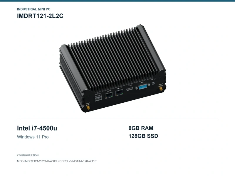 IMDRT121-2L2C Fanless Mini PC - Core i7-4500U, 8GB, 128GB mSATA, Windows 11 Pro