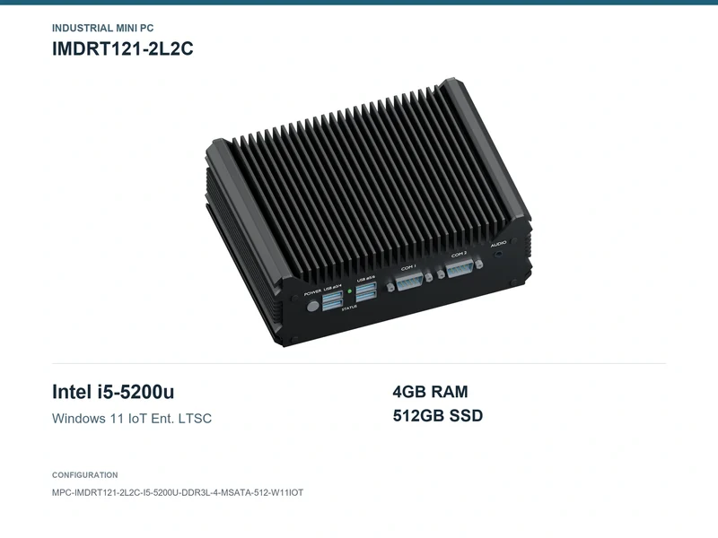 IMDRT121-2L2C Fanless Mini PC - Core i5-5200U, 4GB, 512GB mSATA, Windows 11 IoT LTSC
