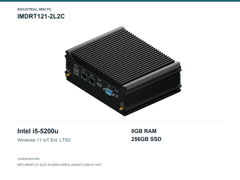 IMDRT121-2L2C Fanless Mini PC - Core i5-5200U, 8GB, 256GB mSATA, Windows 11 IoT LTSC
